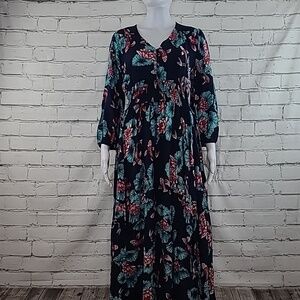 Jaase Flowy Boho V-Neck Coy Fish Floral Balloon Sleeve Maxi Dress in Navy Multi